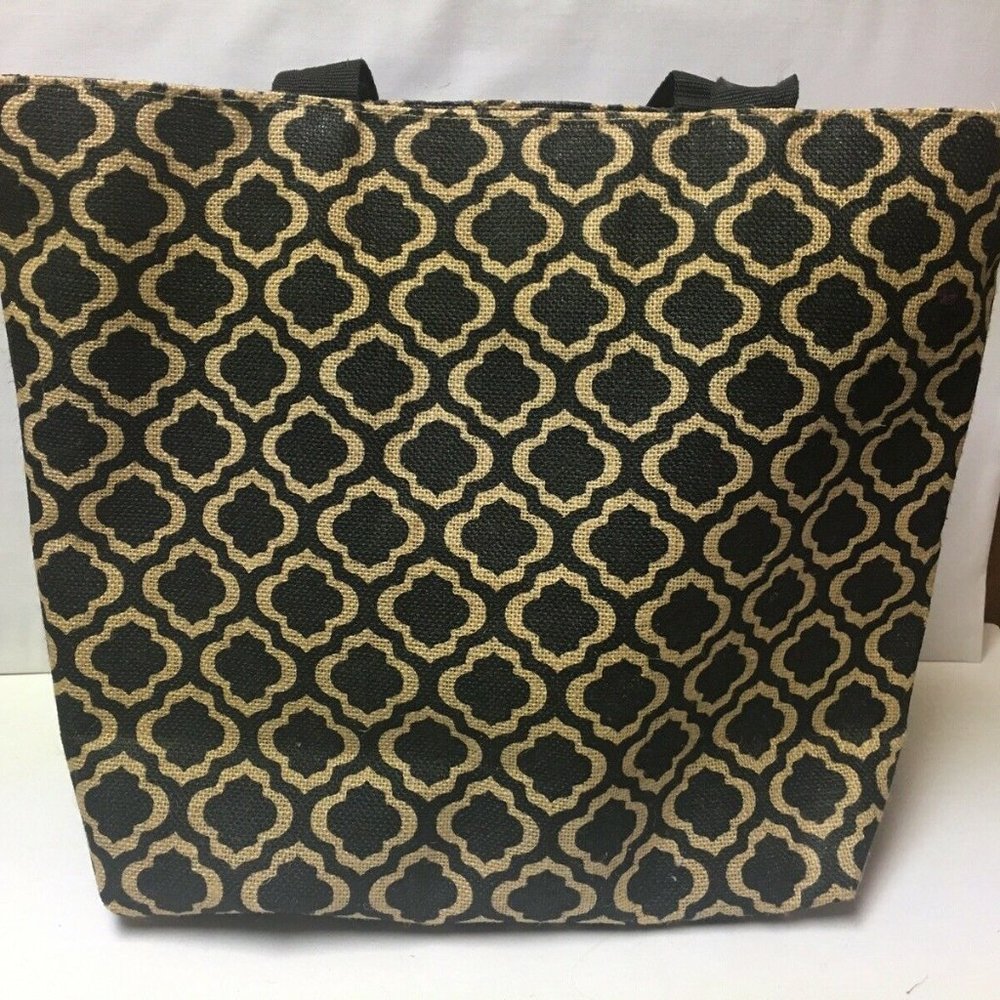 Black Gold Jute Lined Top Zip Tote Bag EUC!